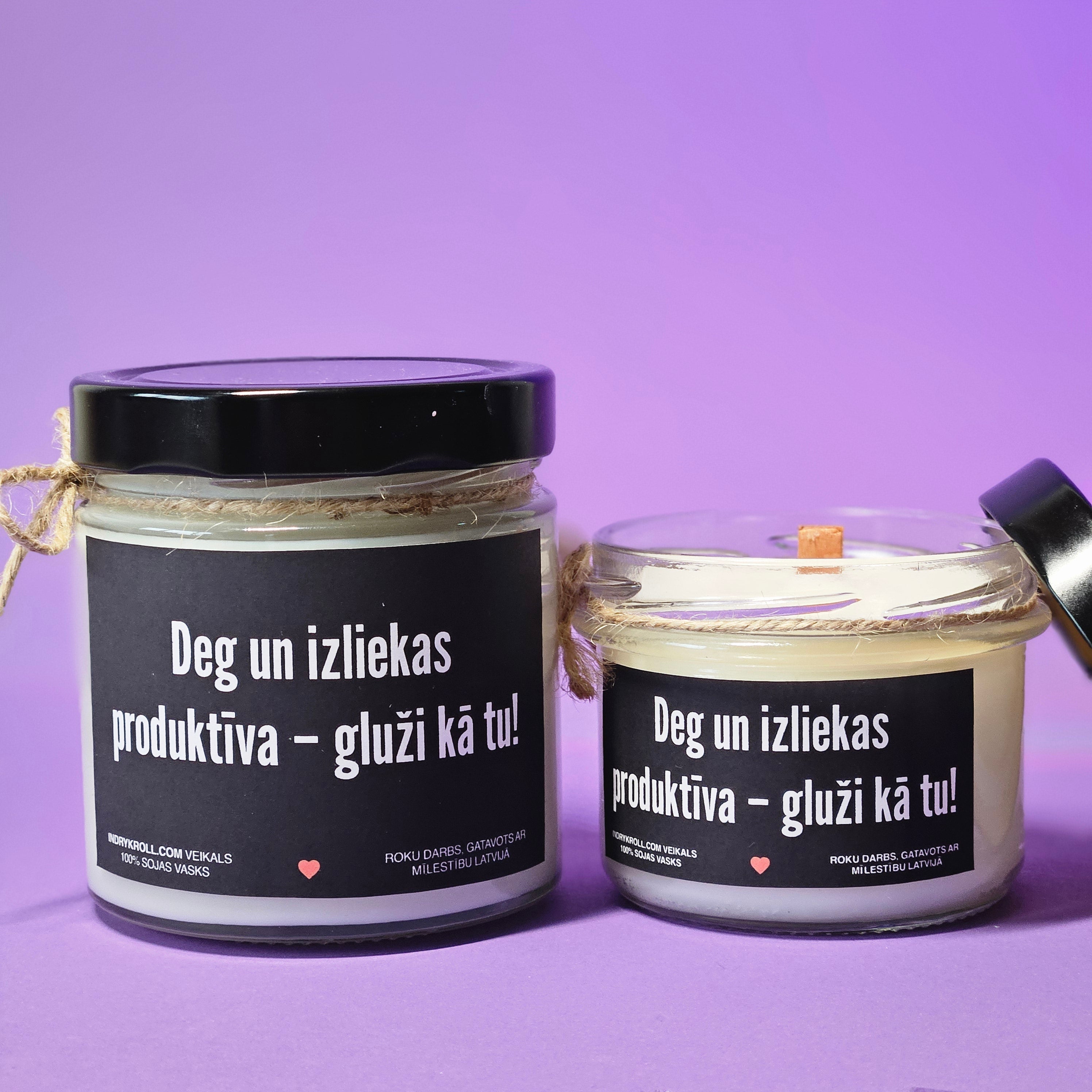 Deg un izliekas produktīva – gluži kā tu! | Sojas svece ar koka dakti
