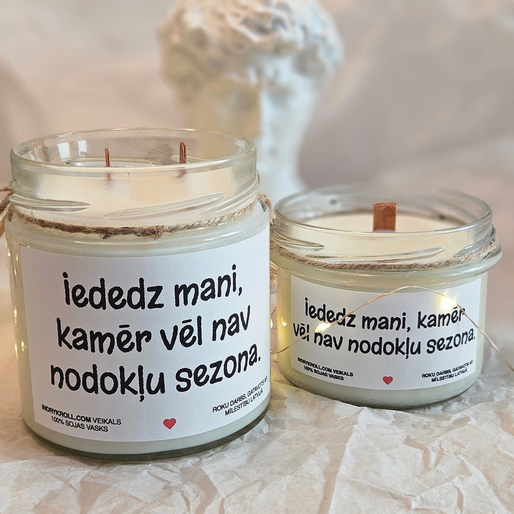 Iededz mani, kamēr vēl nav nodokļu sezona | Sojas svece ar koka dakti