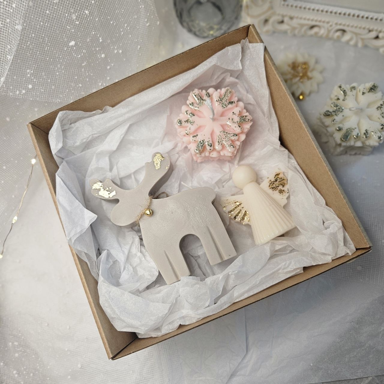 Christmas Candle Gift Set — Reindeer, Angel & Snowflake Handmade Wax Decor