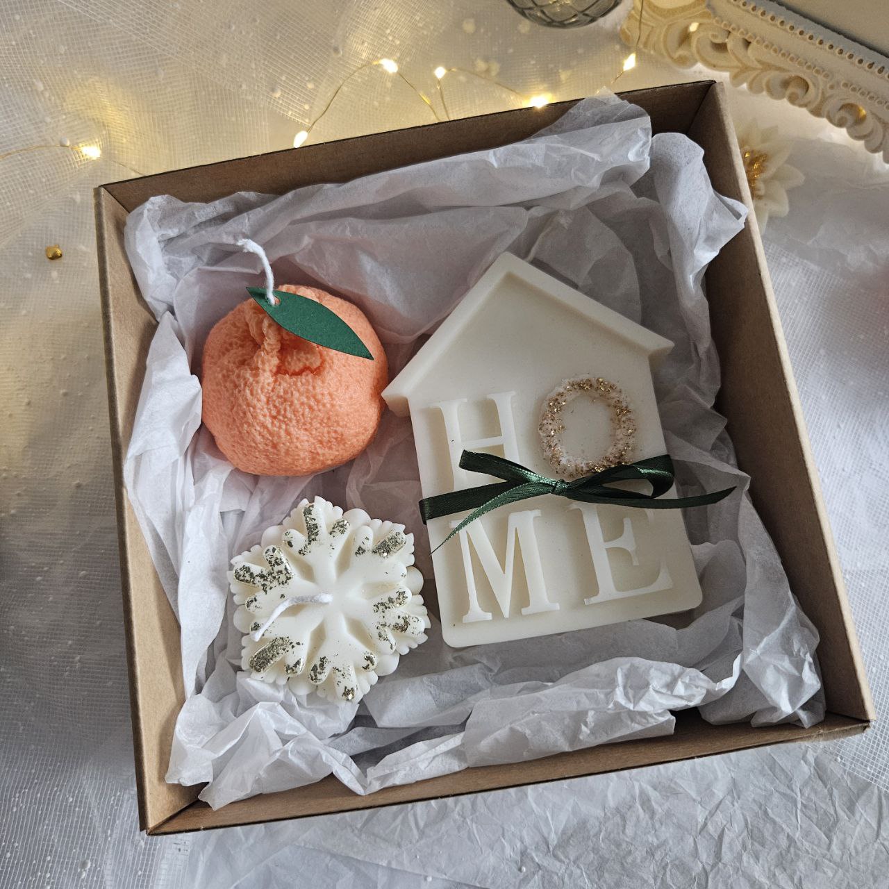 Cozy Home Candle Gift Set — House Candle, Orange Candle & Snowflake Decoration
